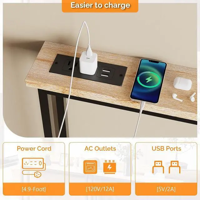 Alt view image 4 of 7 - 39" Console Table with Power Outlet, 5.9" Narrow Sofa Table, Oak | Entryway Table with Charging Station & 4.9 Ft Extension Cord & Adjustable Feet, behind Couch Table for Living Room, Hallway