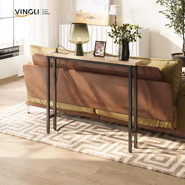 Alt view image 6 of 7 - 39" Console Table with Power Outlet, 5.9" Narrow Sofa Table, Oak | Entryway Table with Charging Station & 4.9 Ft Extension Cord & Adjustable Feet, behind Couch Table for Living Room, Hallway
