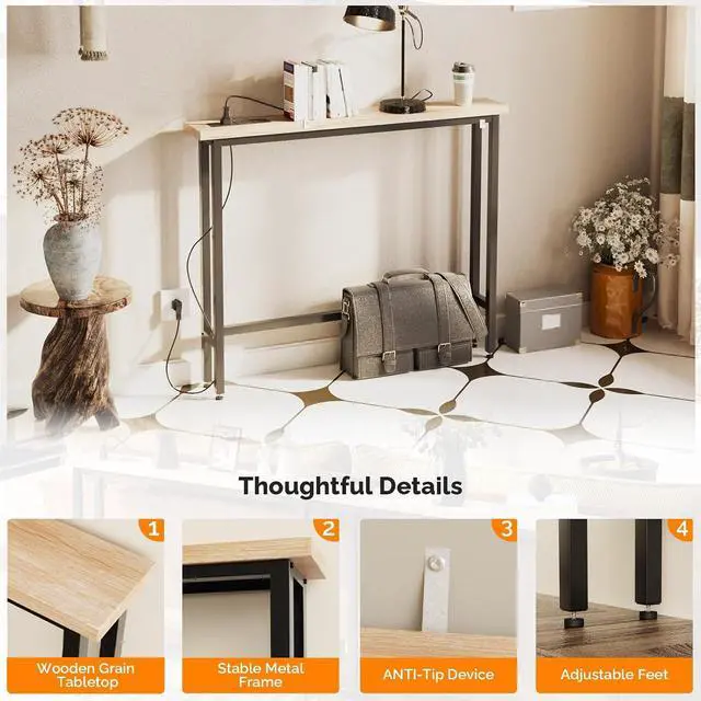 Alt view image 5 of 7 - 39" Console Table with Power Outlet, 5.9" Narrow Sofa Table, Oak | Entryway Table with Charging Station & 4.9 Ft Extension Cord & Adjustable Feet, behind Couch Table for Living Room, Hallway