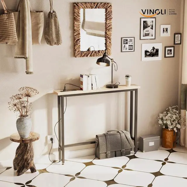 Alt view image 7 of 7 - 39" Console Table with Power Outlet, 5.9" Narrow Sofa Table, Oak | Entryway Table with Charging Station & 4.9 Ft Extension Cord & Adjustable Feet, behind Couch Table for Living Room, Hallway