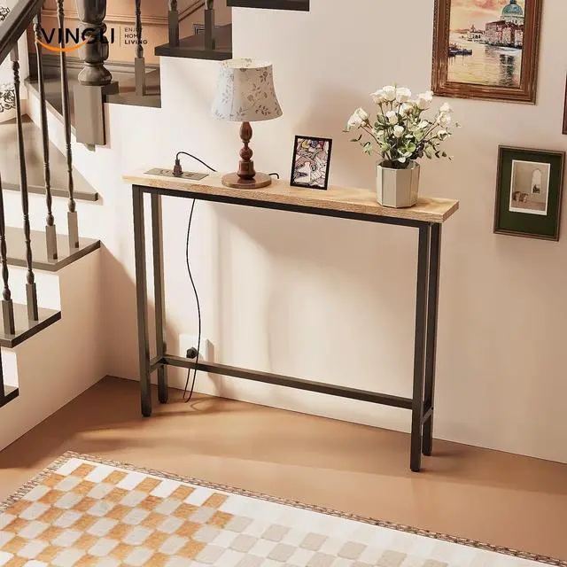 Alt view image 2 of 7 - 39" Console Table with Power Outlet, 5.9" Narrow Sofa Table, Oak | Entryway Table with Charging Station & 4.9 Ft Extension Cord & Adjustable Feet, behind Couch Table for Living Room, Hallway