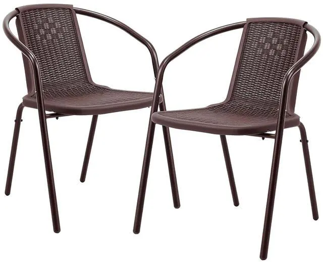 Main image of PE Rattan Patio Dining Chairs Set of 2 | Plastic Stackable Outdoor Indoor Dining Chairs with Armrests, Weather-Resistant Woven Design for Porch, Garden, Brown