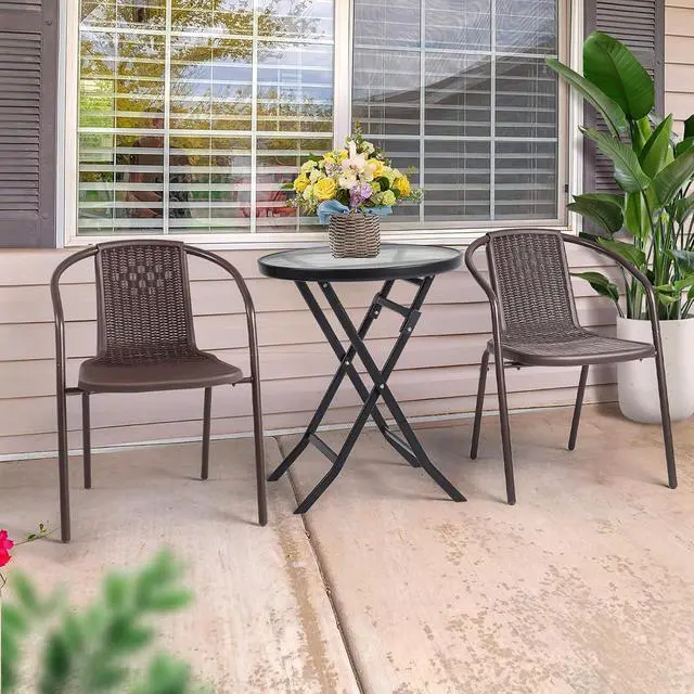Alt view image 7 of 7 - PE Rattan Patio Dining Chairs Set of 2 | Plastic Stackable Outdoor Indoor Dining Chairs with Armrests, Weather-Resistant Woven Design for Porch, Garden, Brown