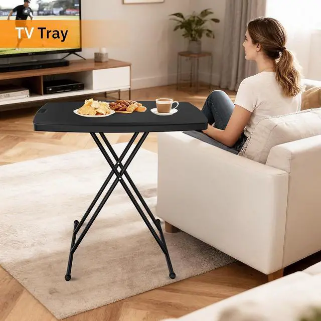 Alt view image 2 of 7 - 30" Small Folding Table Portable, Laptop TV Tray, Camping Table | 3 Ajustable Height, HDPE Top with Steel Frame,Black- Small Office Spaces, Gaming Station, a Craft Table or Dining
