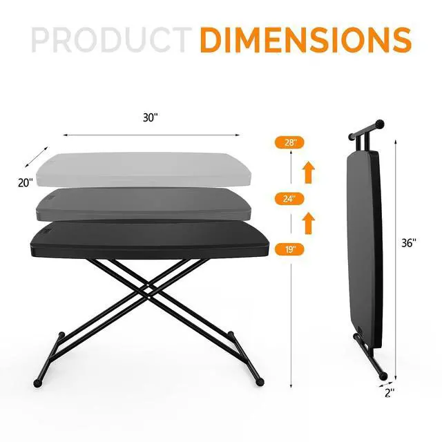 Alt view image 3 of 7 - 30" Small Folding Table Portable, Laptop TV Tray, Camping Table | 3 Ajustable Height, HDPE Top with Steel Frame,Black- Small Office Spaces, Gaming Station, a Craft Table or Dining