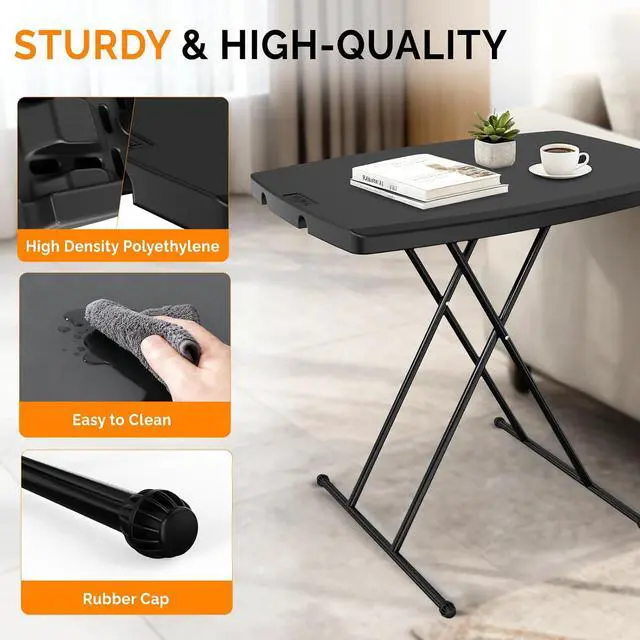 Alt view image 4 of 7 - 30" Small Folding Table Portable, Laptop TV Tray, Camping Table | 3 Ajustable Height, HDPE Top with Steel Frame,Black- Small Office Spaces, Gaming Station, a Craft Table or Dining
