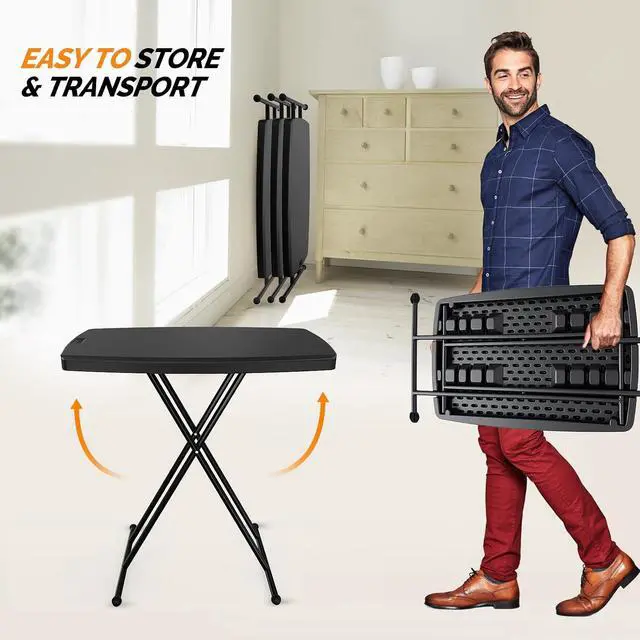 Alt view image 5 of 7 - 30" Small Folding Table Portable, Laptop TV Tray, Camping Table | 3 Ajustable Height, HDPE Top with Steel Frame,Black- Small Office Spaces, Gaming Station, a Craft Table or Dining