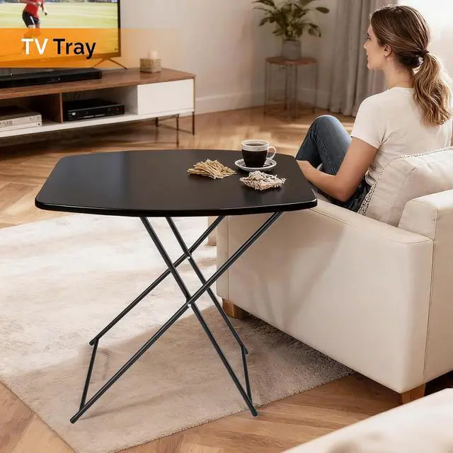 Alt view image 2 of 7 - Small Folding Table Portable, 18" Adjustable Height Personal Laptop TV Tray, Camping Table, HDPE Plastic Top with Steel Frame,Black