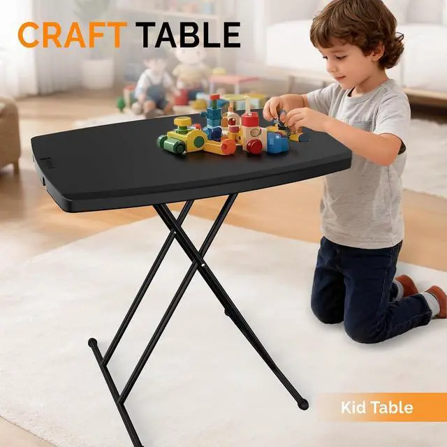 Alt view image 7 of 7 - 30" Small Folding Table Portable, Laptop TV Tray, Camping Table | 3 Ajustable Height, HDPE Top with Steel Frame,Black- Small Office Spaces, Gaming Station, a Craft Table or Dining