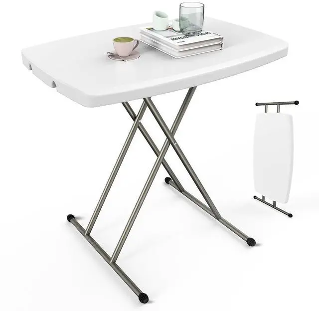 Main image of Small Adjustable Folding Table, 13.8 in-28 in Height Personal Laptop TV Tray, HDPE Plastic Top with Steel Frame, 30 inch, White