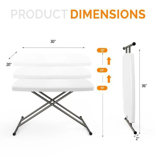Alt view image 3 of 7 - Small Adjustable Folding Table, 13.8 in-28 in Height Personal Laptop TV Tray, HDPE Plastic Top with Steel Frame, 30 inch, White