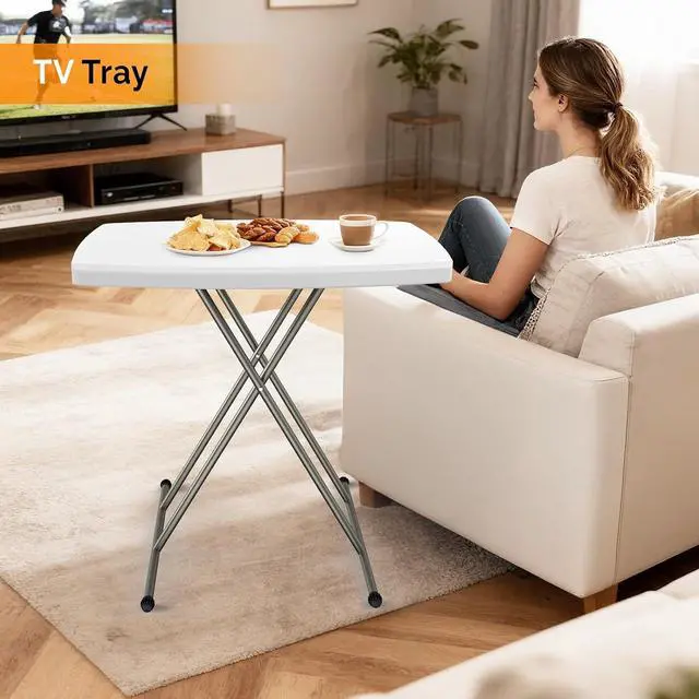 Alt view image 2 of 7 - Small Adjustable Folding Table, 13.8 in-28 in Height Personal Laptop TV Tray, HDPE Plastic Top with Steel Frame, 30 inch, White