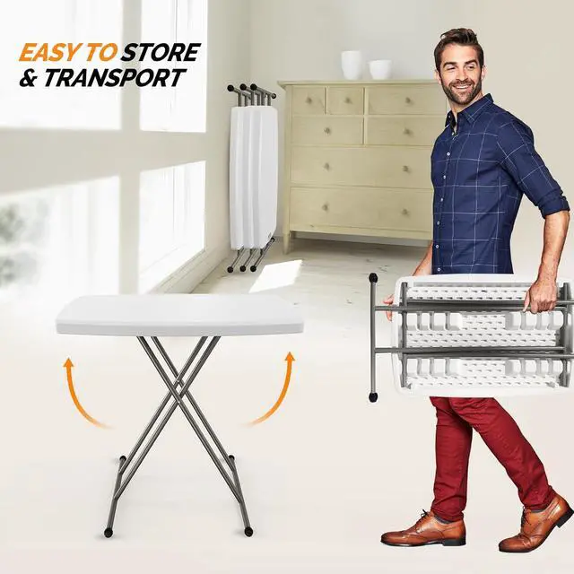 Alt view image 5 of 7 - Small Adjustable Folding Table, 13.8 in-28 in Height Personal Laptop TV Tray, HDPE Plastic Top with Steel Frame, 30 inch, White