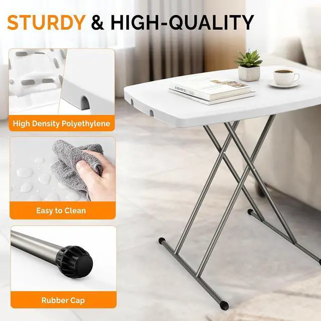 Alt view image 4 of 7 - Small Adjustable Folding Table, 13.8 in-28 in Height Personal Laptop TV Tray, HDPE Plastic Top with Steel Frame, 30 inch, White