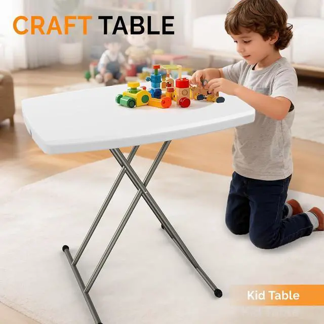 Alt view image 7 of 7 - Small Adjustable Folding Table, 13.8 in-28 in Height Personal Laptop TV Tray, HDPE Plastic Top with Steel Frame, 30 inch, White