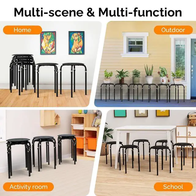 Alt view image 5 of 6 - 6 Pack Round Plastic Stackable Stools for Home Office, Black | Space-saving, Portable Nesting Stool, Multi-purpose Stacking Stools, Indoor Outdoor Decor, Decorative Stool for Home