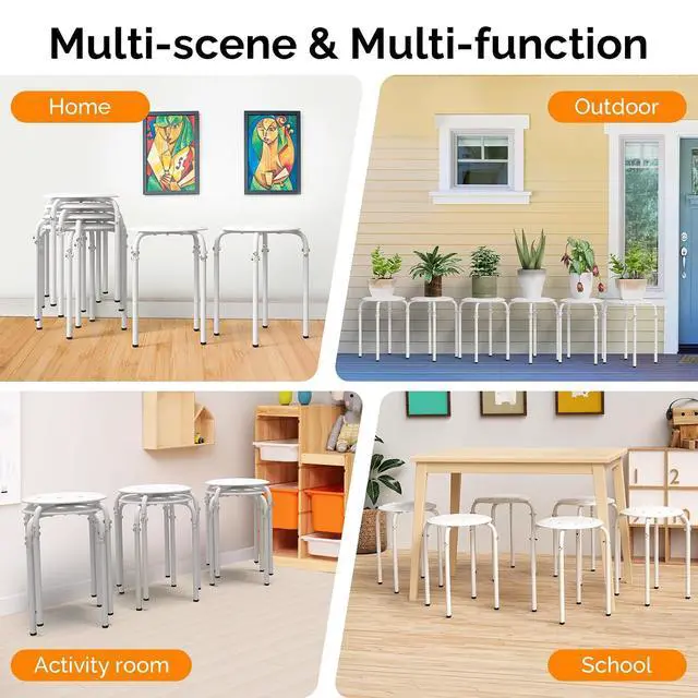 Alt view image 5 of 6 - 6 Pack Round Plastic Stackable Stools for Home Office, White | Space-saving, Portable Nesting Stool, Multi-purpose Stacking Stools, Indoor Outdoor Decor, Decorative Stool for Home