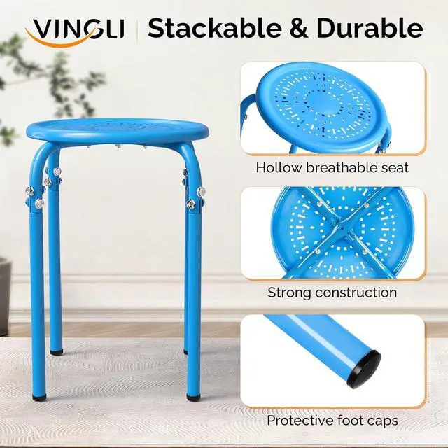Alt view image 4 of 6 - 6 Pack Round Metal Stackable Stools for Home Office, Blue | Space-saving, Portable Nesting Stool, Multi-purpose Stacking Stools, Indoor Outdoor Decor, Decorative Stool for Home