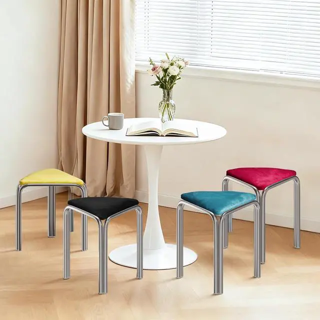 Alt view image 2 of 7 - 18 Inch Stackable Triangular Stools 4 Pack, Colorful Velvet Padded | Metal Frame Stacking Stool, Space-saving, Portable Nesting Benches, Decoration for Home Kitchen Dining Room Cafe
