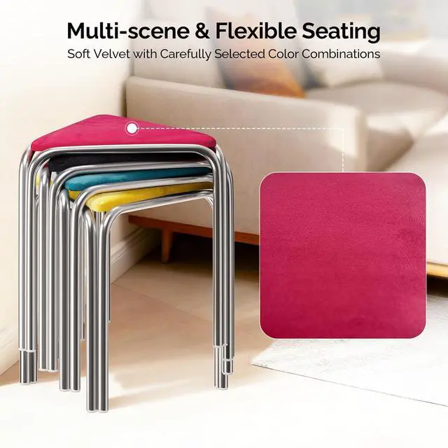Alt view image 4 of 7 - 18 Inch Stackable Triangular Stools 4 Pack, Colorful Velvet Padded | Metal Frame Stacking Stool, Space-saving, Portable Nesting Benches, Decoration for Home Kitchen Dining Room Cafe