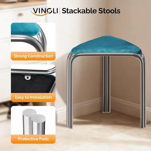 Alt view image 5 of 7 - 18 Inch Stackable Triangular Stools 4 Pack, Colorful Velvet Padded | Metal Frame Stacking Stool, Space-saving, Portable Nesting Benches, Decoration for Home Kitchen Dining Room Cafe