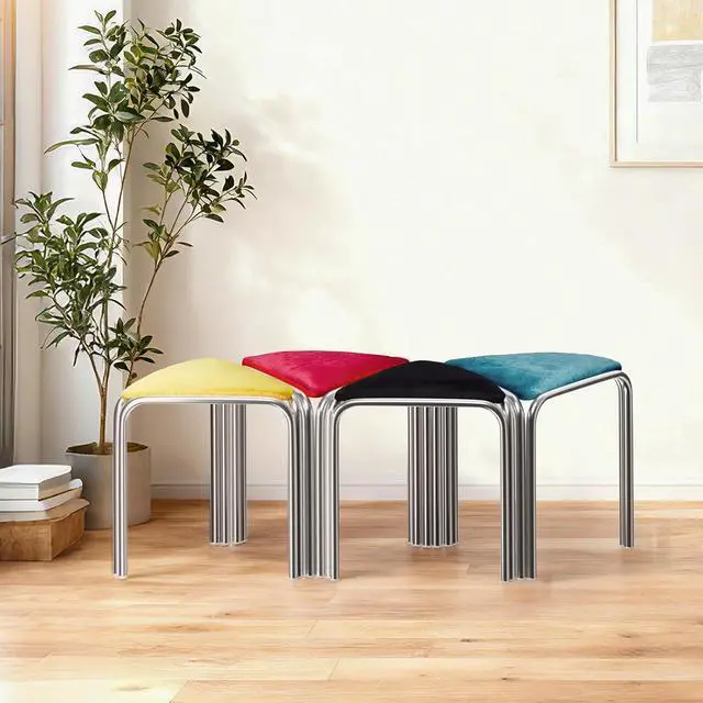 Alt view image 6 of 7 - 18 Inch Stackable Triangular Stools 4 Pack, Colorful Velvet Padded | Metal Frame Stacking Stool, Space-saving, Portable Nesting Benches, Decoration for Home Kitchen Dining Room Cafe