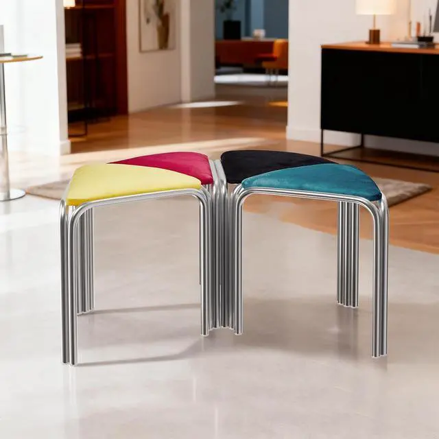 Alt view image 7 of 7 - 18 Inch Stackable Triangular Stools 4 Pack, Colorful Velvet Padded | Metal Frame Stacking Stool, Space-saving, Portable Nesting Benches, Decoration for Home Kitchen Dining Room Cafe