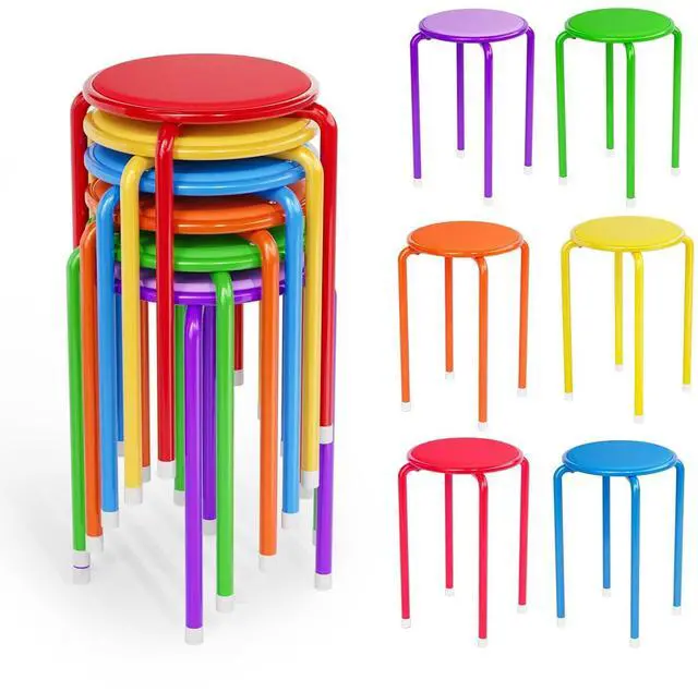 Main image of 18 Inch Padded Stacking Stools 6 Pack, Colorful Metal Round Stool | Faux Leather Round Stackable Stools, Space-saving, Portable, Decoration for School Home Kitchen, Indoor Outdoor Party
