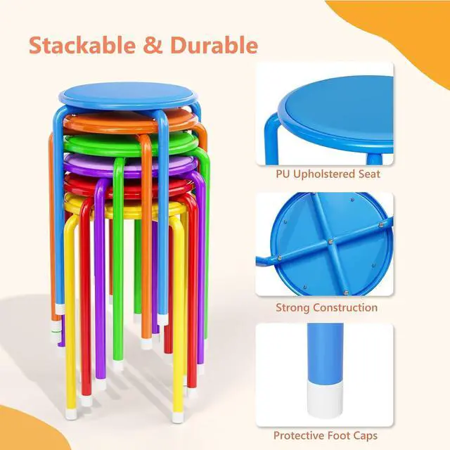 Alt view image 4 of 7 - 18 Inch Padded Stacking Stools 6 Pack, Colorful Metal Round Stool | Faux Leather Round Stackable Stools, Space-saving, Portable, Decoration for School Home Kitchen, Indoor Outdoor Party