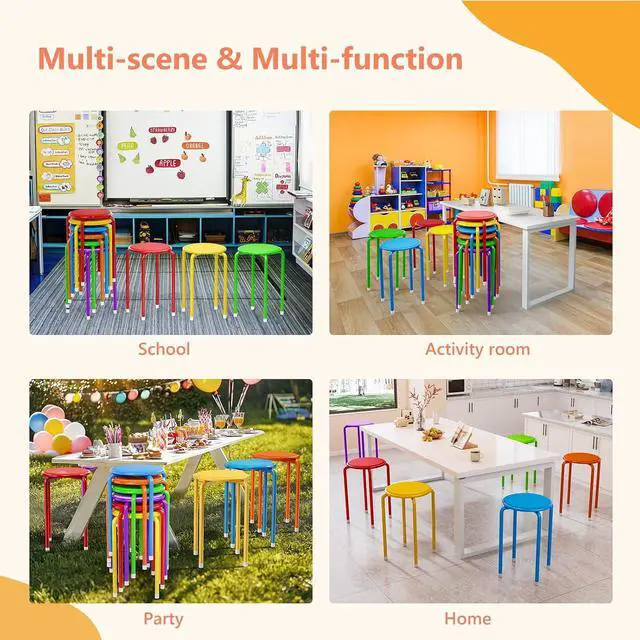 Alt view image 5 of 7 - 18 Inch Padded Stacking Stools 6 Pack, Colorful Metal Round Stool | Faux Leather Round Stackable Stools, Space-saving, Portable, Decoration for School Home Kitchen, Indoor Outdoor Party
