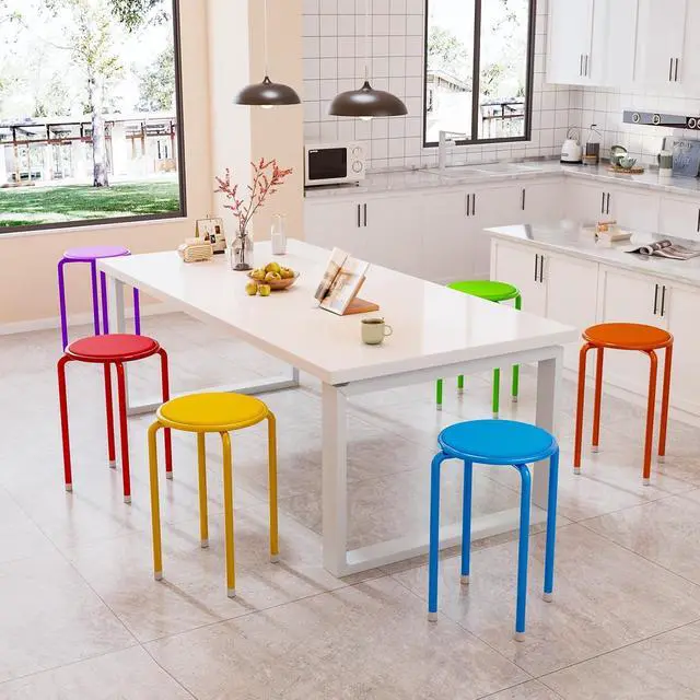 Alt view image 6 of 7 - 18 Inch Padded Stacking Stools 6 Pack, Colorful Metal Round Stool | Faux Leather Round Stackable Stools, Space-saving, Portable, Decoration for School Home Kitchen, Indoor Outdoor Party