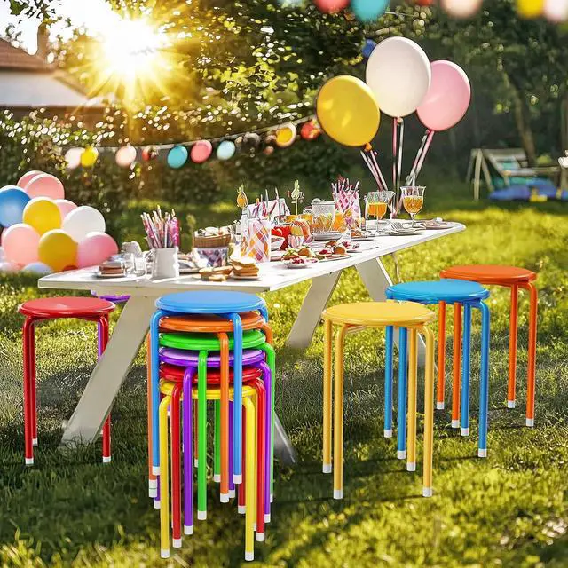 Alt view image 7 of 7 - 18 Inch Padded Stacking Stools 6 Pack, Colorful Metal Round Stool | Faux Leather Round Stackable Stools, Space-saving, Portable, Decoration for School Home Kitchen, Indoor Outdoor Party