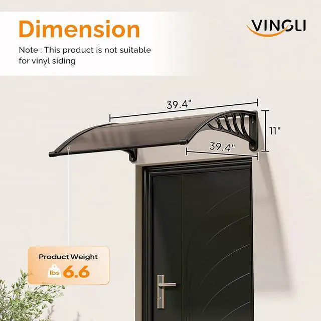 Alt view image 2 of 7 - Awning for Door Entrance, 40" x 40" Window Awnings Exterior Canopy with Drainage & ABS Bracket, Polycarbonate Cover UV/Rain/Snow Protection for Porch, Patio (Brown Board & Black Bracket)