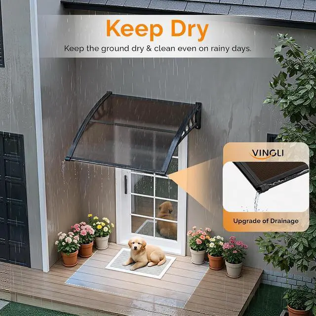Alt view image 3 of 7 - Awning for Door Entrance, 40" x 40" Window Awnings Exterior Canopy with Drainage & ABS Bracket, Polycarbonate Cover UV/Rain/Snow Protection for Porch, Patio (Brown Board & Black Bracket)