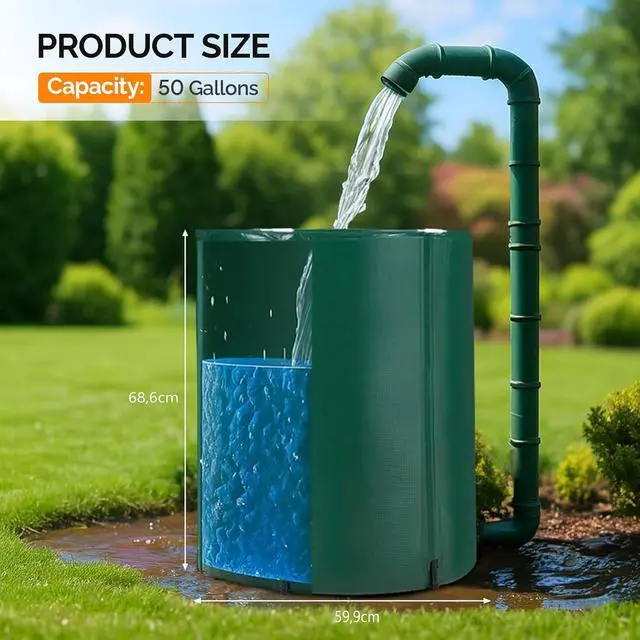 Alt view image 2 of 7 - PVC Collapsible Rain Barrel, Green, 50 Gallon | Upgraded Foldable PVC Rain Water Collection Barrel, Water Barrel with Filter Mesh, Double-Seal Spigot & Overflow Connector