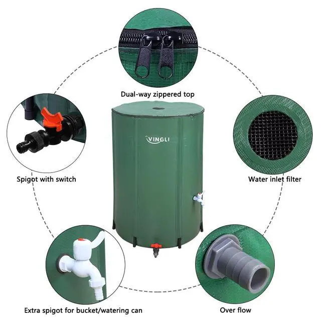 Alt view image 4 of 7 - PVC 50 Gallon Collapsible Rain Barrel (Green, 100 Gallon) | Upgraded Foldable PVC Rain Water Collection Barrel, Water Barrel with Filter Mesh, Double-Seal Spigot & Overflow Connector