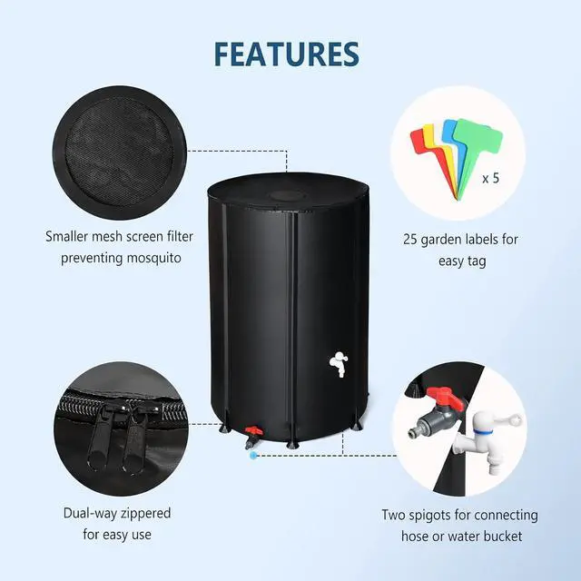 Alt view image 5 of 7 - PVC 50 Gallon Collapsible Rain Barrel (Black, 100 Gallon) | Upgraded Foldable PVC Rain Water Collection Barrel, Water Barrel with Filter Mesh, Double-Seal Spigot & Overflow Connector