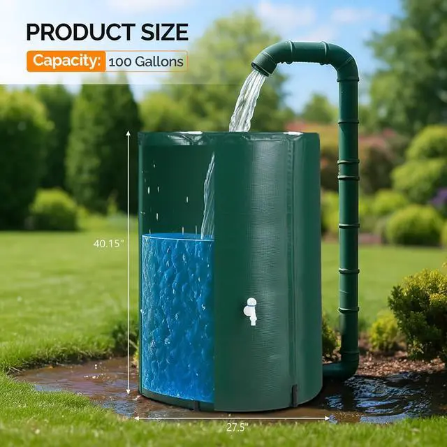 Alt view image 2 of 7 - PVC 50 Gallon Collapsible Rain Barrel (Green, 100 Gallon) | Upgraded Foldable PVC Rain Water Collection Barrel, Water Barrel with Filter Mesh, Double-Seal Spigot & Overflow Connector