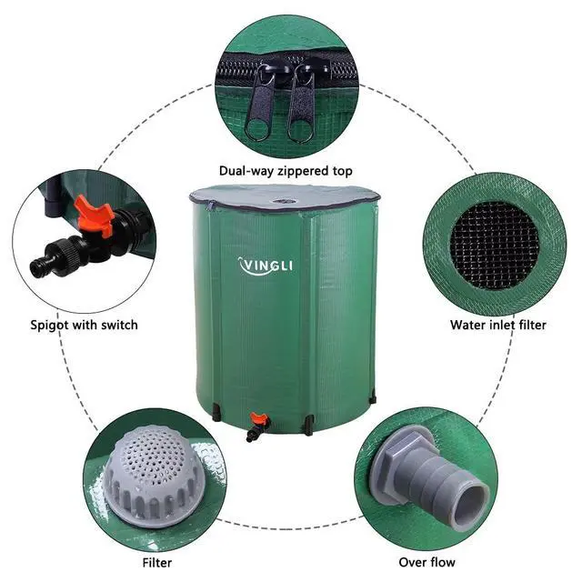 Alt view image 4 of 7 - PVC Collapsible Rain Barrel, Green, 50 Gallon | Upgraded Foldable PVC Rain Water Collection Barrel, Water Barrel with Filter Mesh, Double-Seal Spigot & Overflow Connector