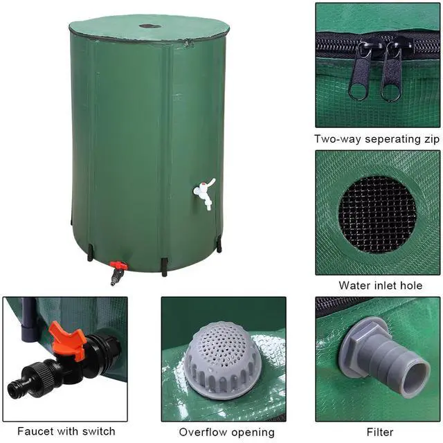 Alt view image 5 of 7 - PVC Collapsible Rain Barrel, Green, 132 Gallon | Upgraded Foldable PVC Rain Water Collection Barrel, Water Barrel with Filter Mesh, Double-Seal Spigot & Overflow Connector