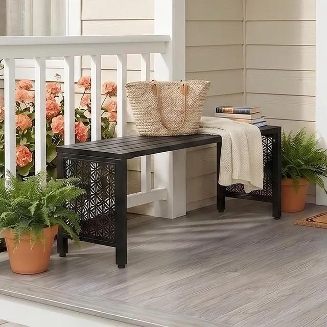 Alt view image 2 of 7 - 40in Outdoor Metal Bench, All-Weathe Backless Patio Bench with Slatted SeatFloral Side Panels, Rust-Resistant Garden Bench, Weatherproof Outdoor Seating for Porch Entryway Backyard (Black)