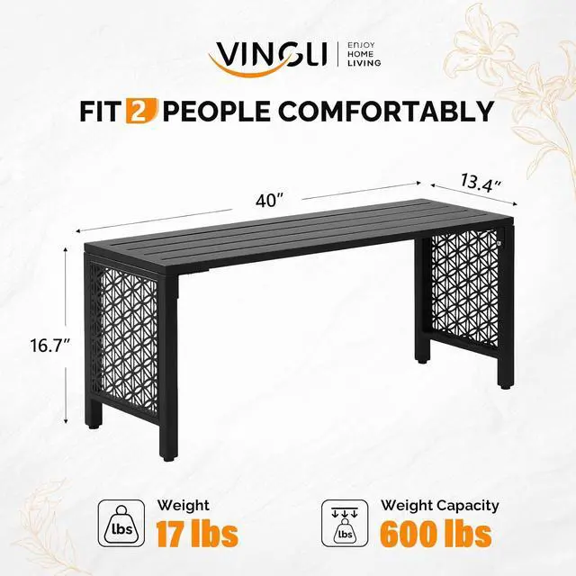 Alt view image 3 of 7 - 40in Outdoor Metal Bench, All-Weathe Backless Patio Bench with Slatted SeatFloral Side Panels, Rust-Resistant Garden Bench, Weatherproof Outdoor Seating for Porch Entryway Backyard (Black)