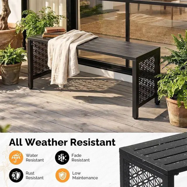 Alt view image 4 of 7 - 40in Outdoor Metal Bench, All-Weathe Backless Patio Bench with Slatted SeatFloral Side Panels, Rust-Resistant Garden Bench, Weatherproof Outdoor Seating for Porch Entryway Backyard (Black)