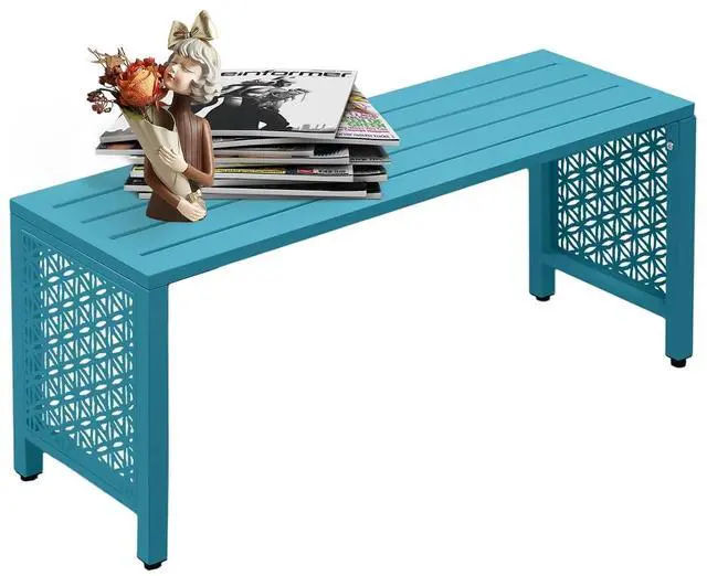 Main image of 40in Outdoor Metal Bench, All-Weathe Backless Patio Bench with Slatted SeatFloral Side Panels, Rust-Resistant Garden Bench, Weatherproof Outdoor Seating for Porch Entryway Backyard (Blue)