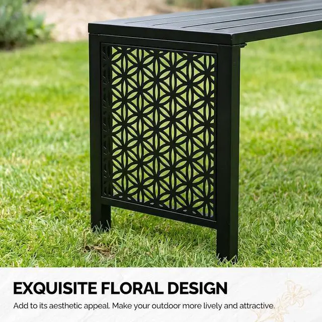 Alt view image 6 of 7 - 40in Outdoor Metal Bench, All-Weathe Backless Patio Bench with Slatted SeatFloral Side Panels, Rust-Resistant Garden Bench, Weatherproof Outdoor Seating for Porch Entryway Backyard (Black)
