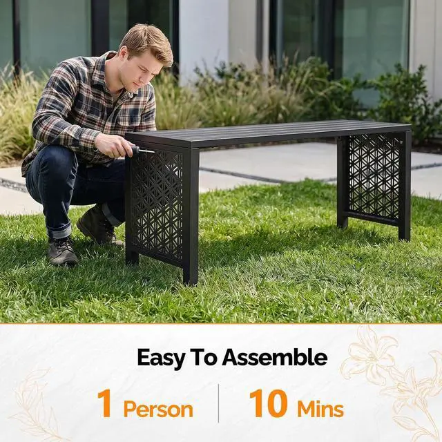 Alt view image 7 of 7 - 40in Outdoor Metal Bench, All-Weathe Backless Patio Bench with Slatted SeatFloral Side Panels, Rust-Resistant Garden Bench, Weatherproof Outdoor Seating for Porch Entryway Backyard (Black)