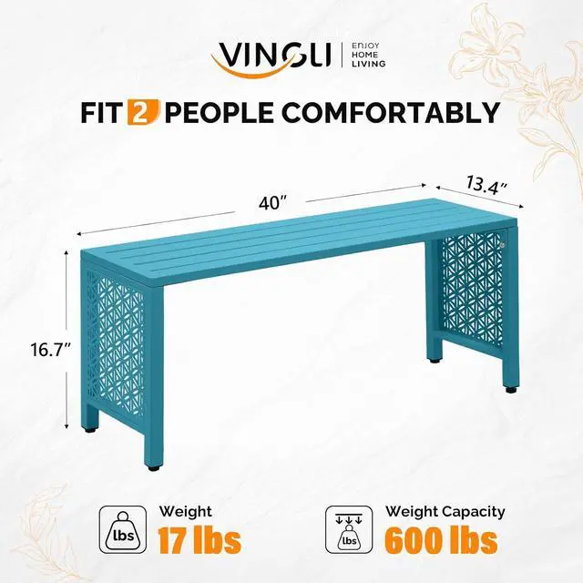 Alt view image 3 of 7 - 40in Outdoor Metal Bench, All-Weathe Backless Patio Bench with Slatted SeatFloral Side Panels, Rust-Resistant Garden Bench, Weatherproof Outdoor Seating for Porch Entryway Backyard (Blue)