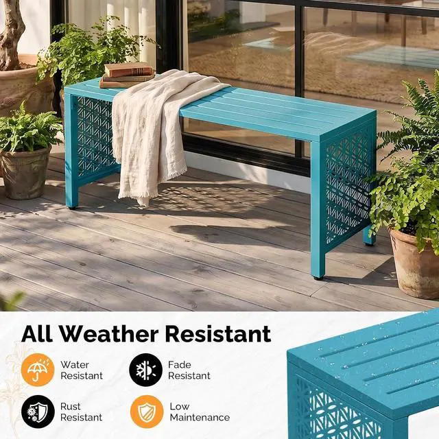 Alt view image 4 of 7 - 40in Outdoor Metal Bench, All-Weathe Backless Patio Bench with Slatted SeatFloral Side Panels, Rust-Resistant Garden Bench, Weatherproof Outdoor Seating for Porch Entryway Backyard (Blue)