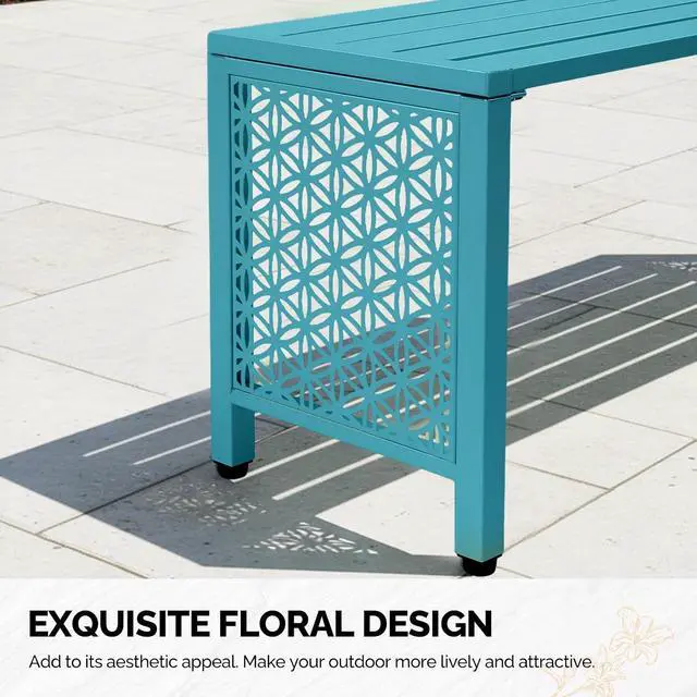 Alt view image 6 of 7 - 40in Outdoor Metal Bench, All-Weathe Backless Patio Bench with Slatted SeatFloral Side Panels, Rust-Resistant Garden Bench, Weatherproof Outdoor Seating for Porch Entryway Backyard (Blue)