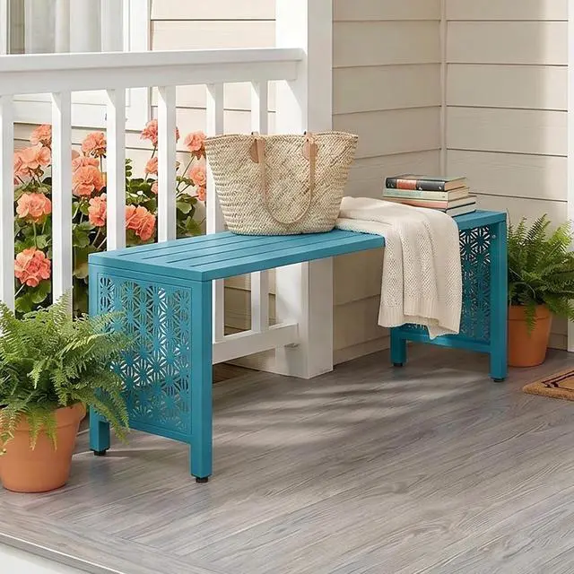 Alt view image 2 of 7 - 40in Outdoor Metal Bench, All-Weathe Backless Patio Bench with Slatted SeatFloral Side Panels, Rust-Resistant Garden Bench, Weatherproof Outdoor Seating for Porch Entryway Backyard (Blue)